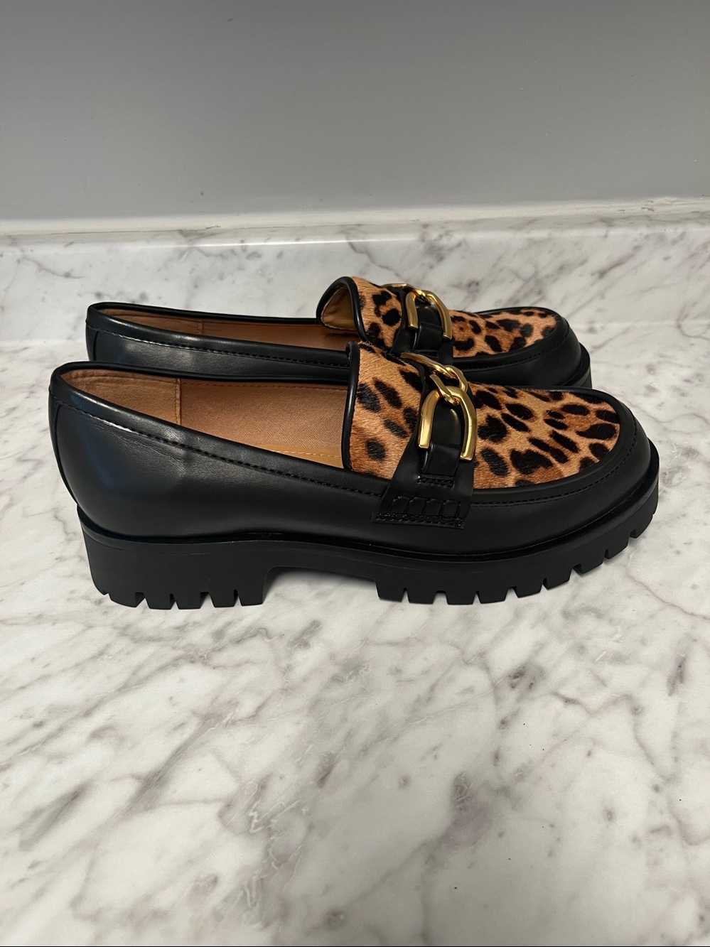 Nine West Black Loafers with Leopard Print and Gold Chain Accent - Picture 3 of 4